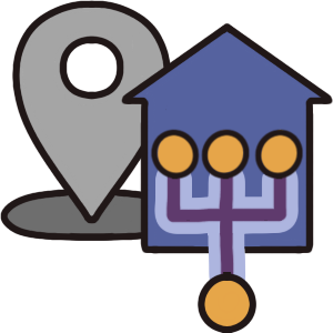 A blueish purple house with a genealogy chart overlaid on it. The chart extends beyond the house, so the child is outside the house while the three parents are in it. 